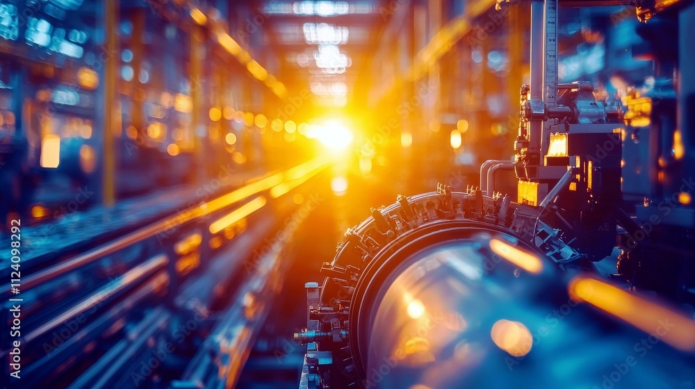 Poster industrial engine in modern factory with bright sunlight creating dynamic lighting and depth in a ma