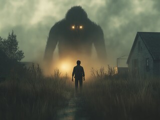 Lone Man Confronts Gigantic Shadowy Creature in Foggy Rural Setting