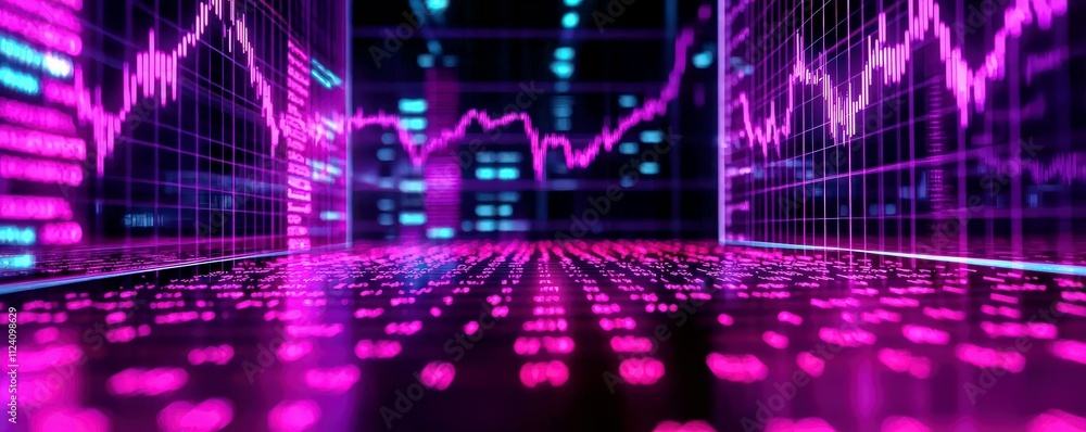 Poster abstract digital financial background with glowing pink data graphs and lines displaying stock marke