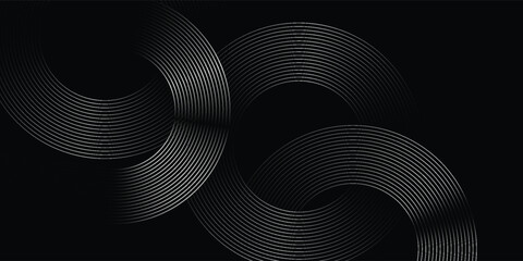 Abstract elegant black background with shiny gold geometric lines. Modern golden diagonal rounded lines pattern. Luxury style. Horizontal banner template.