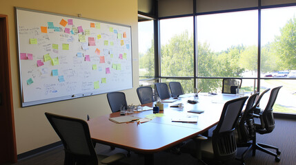Fototapeta premium Corporate boardroom filled with serious executives discussing strategic plans. Focus on teamwork, decision-making, and corporate growth