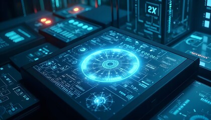 A futuristic digital interface with various holographic displays, glowing lines, and a central circular element resembling a technological device or mechanism. The background has a dark, moody atmosph