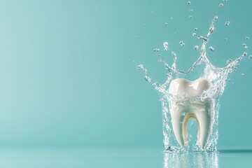A large tooth splashes into water against a mint background, symbolizing freshness and oral hygiene, with droplets artistically suspended in motion.