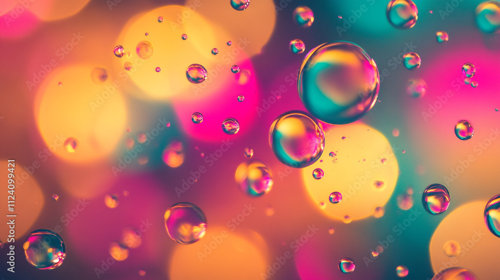 Poster colorful abstract bokeh background with floating water droplets capturing light play. perfect for ab