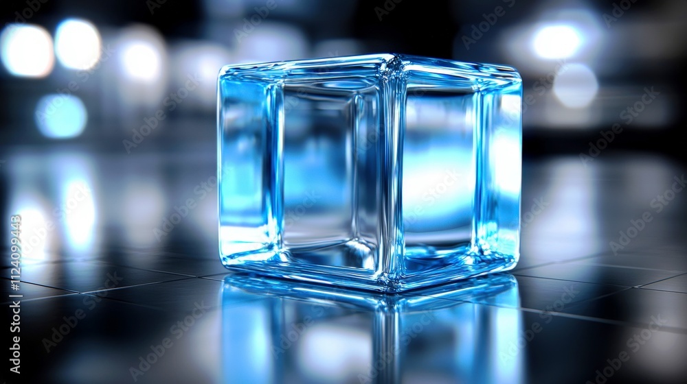 Aufkleber crystal-clear ice cube with reflections and soft lighting in a modern studio setting, showcasing pur