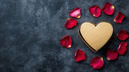 Obraz premium Valentine flowers and commitment concept. Golden heart surrounded by rose petals on a dark surface.