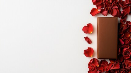 Valentine flowers and commitment concept. Chocolate box surrounded by red rose petals on a white background.