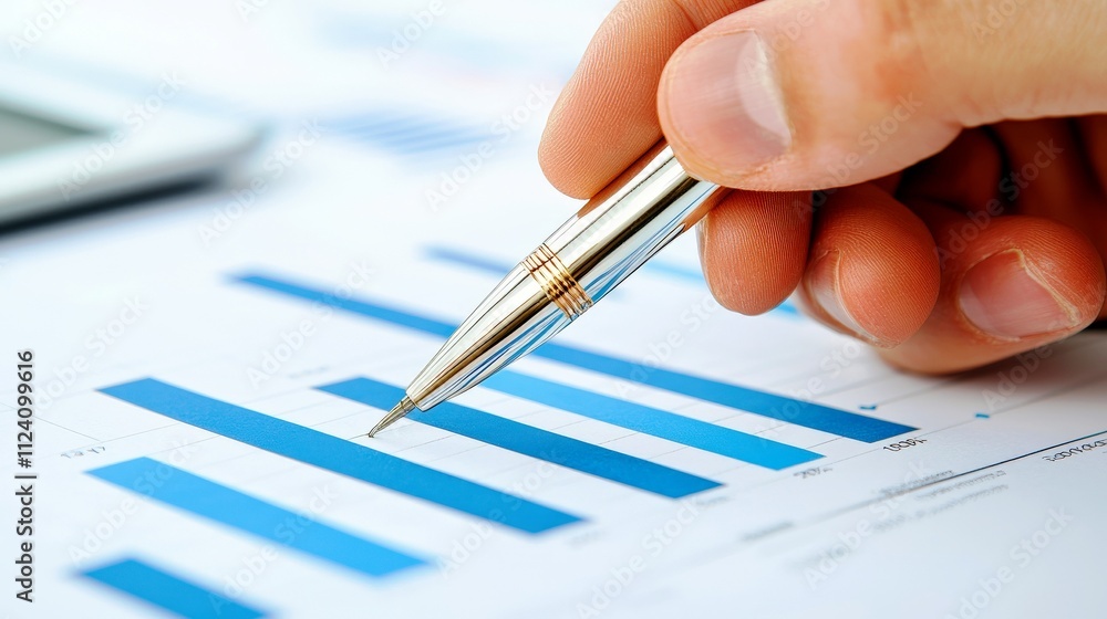 Aufkleber hand holding pen over chart analyzing business growth trends and financial data with bar graphs on a