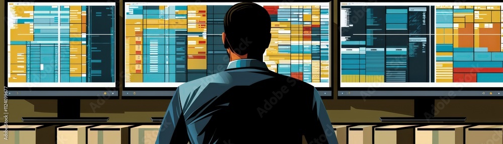 Aufkleber business professional analyzing data on multiple screens in a modern office setting, reflecting insi