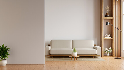 Modern interior of living room with gray sofa on wood flooring and mockup white wall- 3D rendering