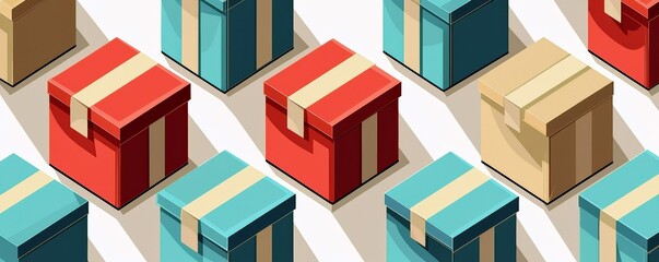 Colorful Gift Boxes with Ribbons in a Pattern, Perfect for Celebrations, Holidays, Events and Special Occasions, Bright and Cheerful Design Elements