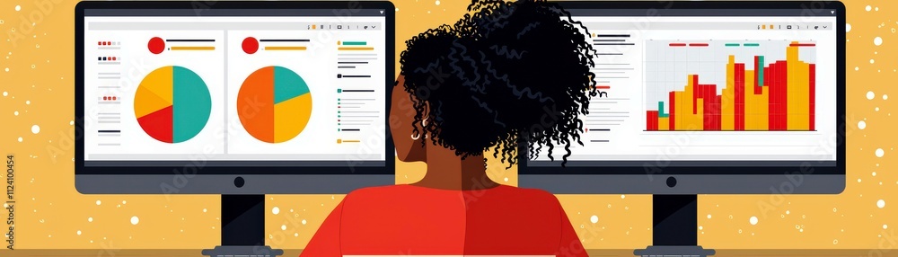 Poster professional woman analyzing data visualizations on dual monitors in a bright workspace with colorfu