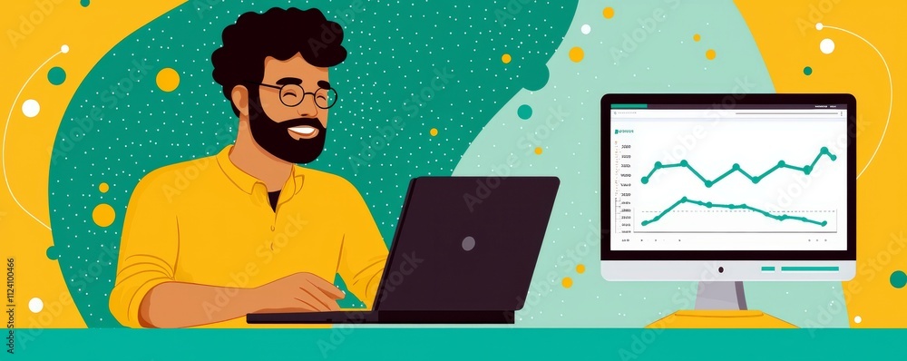 Poster young adult man with curly hair using laptop while analyzing data on computer in modern workspace wi