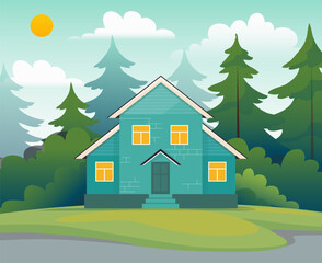 Home exterior. Real estate. Suburban house. Residential building. Suburban street. House with terrace. Residence facade. Mansion in nature. Summer landscape. Vector neighborhood panorama