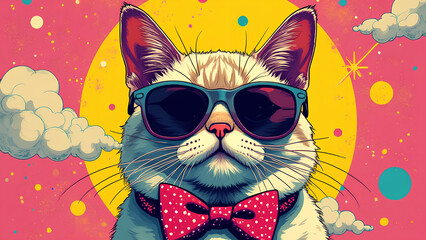 A floppy-eared persan cat rendered in a palette of neon pinks yellows and blues wearing oversized sunglasses and a polka-dotted bowtie