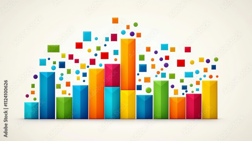 Poster colorful abstract bar graph with dynamic shapes and patterns representing data visualization in a mo