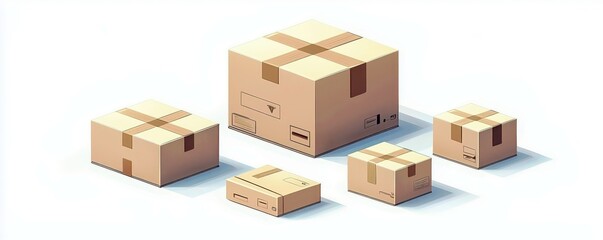 Various Sized Cardboard Boxes with Tape on White Background for Shipping, Packaging, and Storage in Modern Design Style