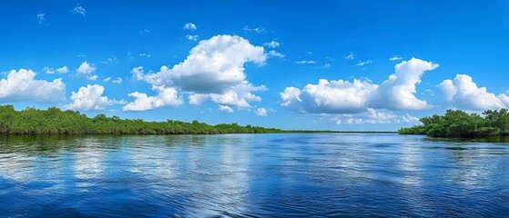 Panoramic view of a tranquil blue freshwater estuary lined with lush green mangroves under a softly clouded sky, creating a serene coastal landscape