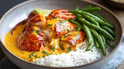 Lobster, white rice, and lime sauce in a bowl with green beans on the side, with the vibrant yellow color of the creamy, buttery lobster curry sauce 