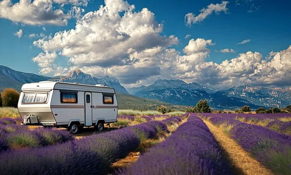 A serene caravan amidst vibrant lavender fields under a picturesque sky.