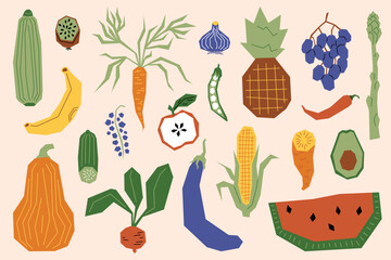 Doodle fruits. Hand drawn food carrot, tomato and apple, pumpkin harvest and watermelon, grape and pineapple. Vegan cooking icon. Cute organic geometric graphics. Vector flat isolated set