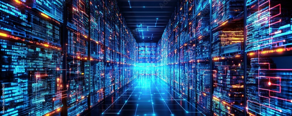 Aufkleber futuristic data center with bright blue lights and high-tech server racks in a network infrastructur