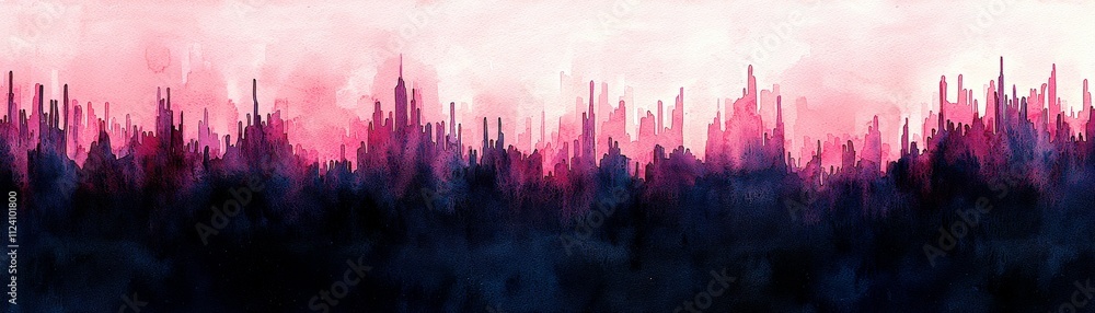 Poster abstract landscape in shades of pink and dark blue with vertical line patterns for artistic design a