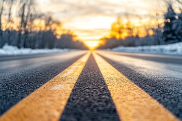 A long, open road stretches towards the horizon under a glowing sunset, its yellow dividing lines standing out against the dark asphalt symbolizing adventure and journey.