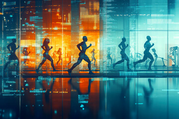 Dynamic silhouettes of runners in a vibrant city environment.