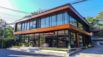 Obraz premium Modern sweet shop exterior storefront with large glass windows and wooden facade on a sunny day.