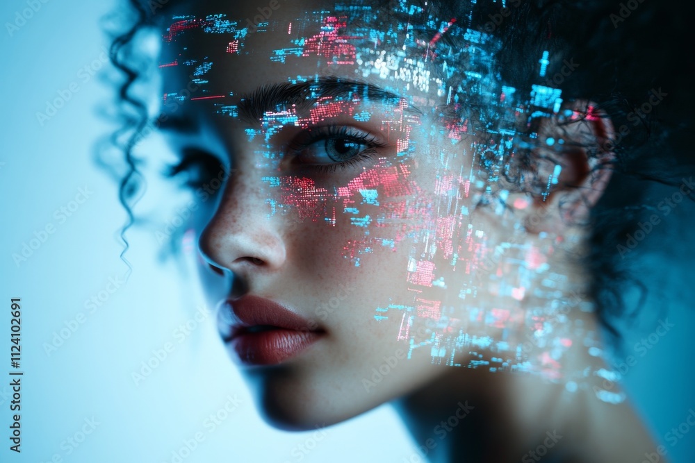 Poster a woman's face intertwined with digital data patterns, symbolizing the blend of human and technology