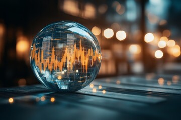 A luminous sphere showcases dynamic financial graphs reflecting stock market data trends, beautifully blending technology with futuristic aesthetics.