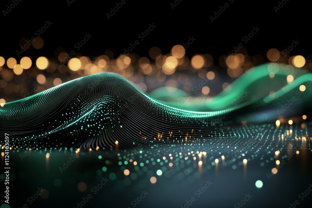 Poster dynamic digital waves with glowing lights set against a dark background, creating an abstract scene 