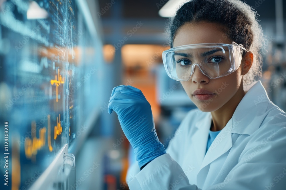 Poster focused scientist in a laboratory setting, wearing protective goggles and gloves, analyzing complex 