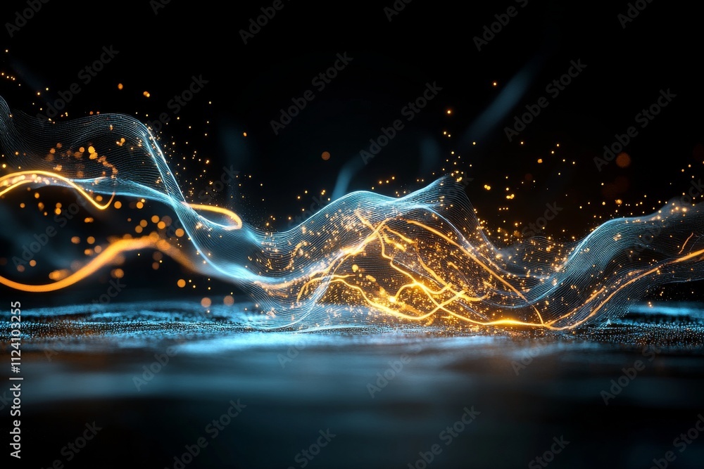 Poster artistic swirl of blue and orange light waves accompanied by sparks, creating an abstract and futuri