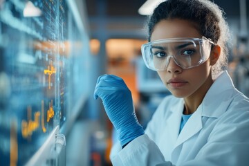 Focused scientist in a laboratory setting, wearing protective goggles and gloves, analyzing complex data on a futuristic digital screen interface.