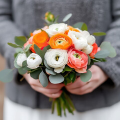 close up of hands holding vibrant bouquet of orange, white, and pink ranunculus flowers