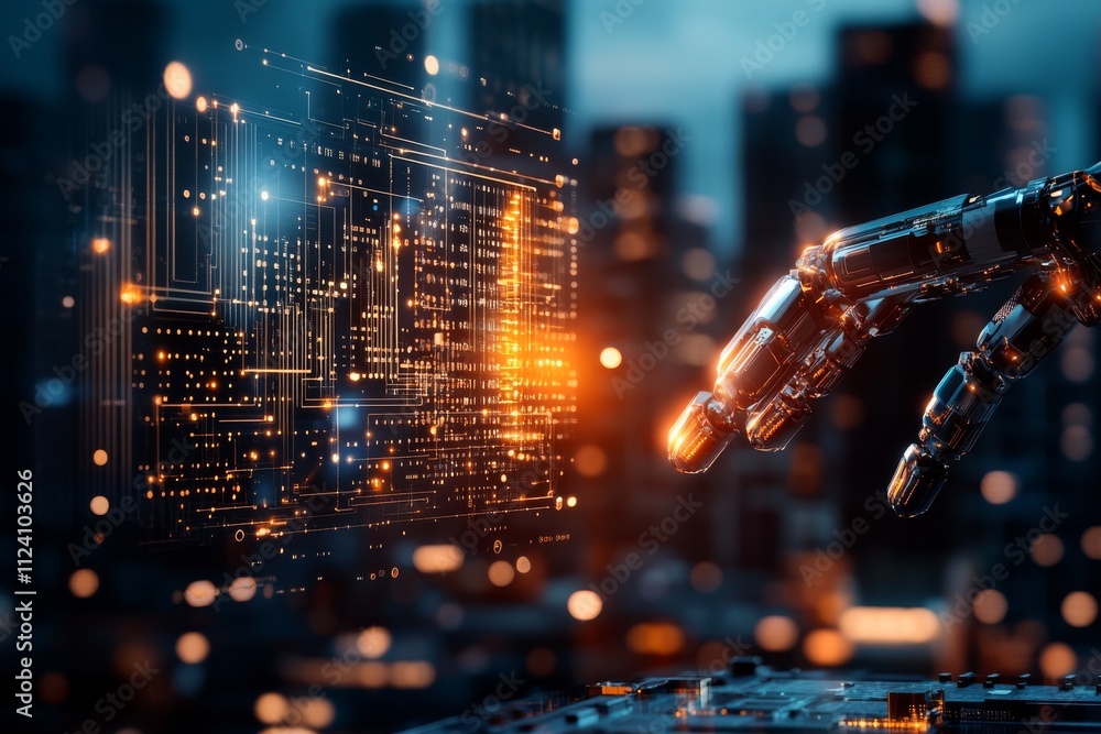 Poster a robotic hand reaches out to interact with a digital circuit interface, symbolizing the blend of te