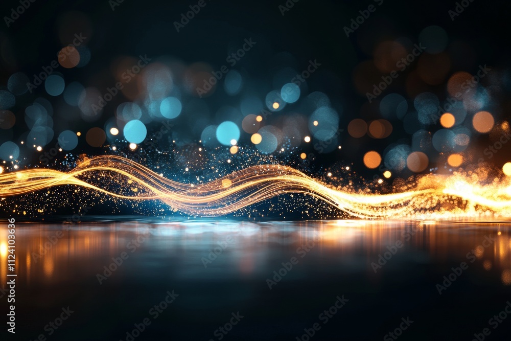 Poster a mesmerizing wave of blue and orange lights create rhythmic patterns on a sleek surface, blending m
