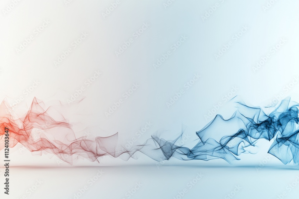 Poster dynamic red and blue mesh-like waves flow gracefully across a soft white backdrop, creating a sense 