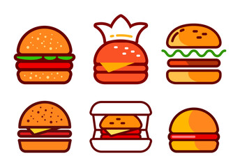 Burger set. Fast food logotype collection. Minimal style elements for emblem and logo, cheeseburger and hamburger. Menu graphics. Grilled restaurant. Vector cartoon flat isolated illustration