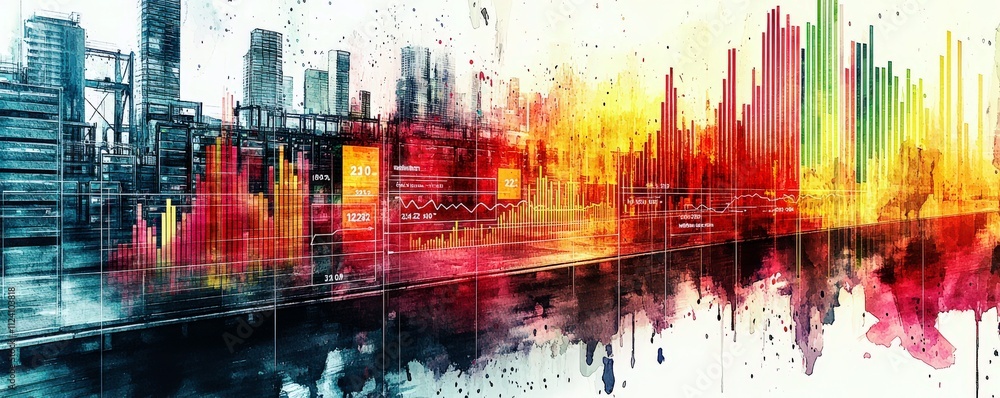 Poster abstract data visualization of urban landscape with colorful bar graphs and charts representing fina