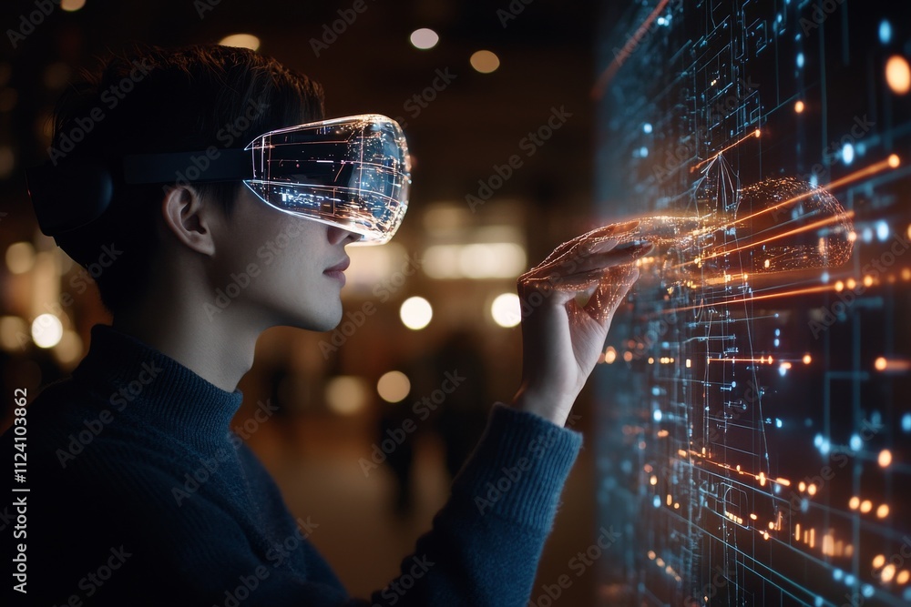 Poster a person immersed in a virtual reality experience, interacting with a glowing digital interface. the