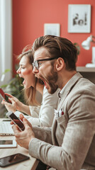 Surprised Office Colleagues Reacting to Shocking Smartphone Notifications at Work