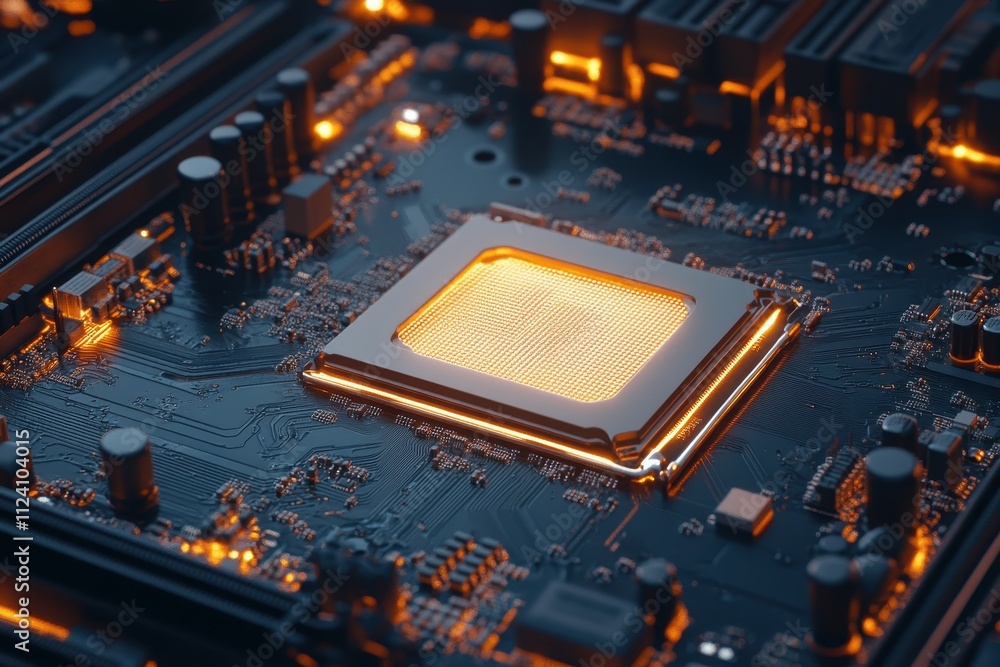 Poster close-up of a glowing cpu on a motherboard. ideal for technology, computing, and electronics project