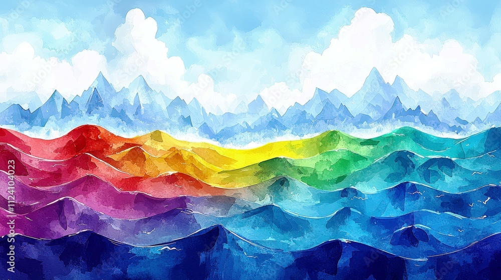 Poster vibrant abstract landscape with waves of colorful gradients and soft clouds in a bright sky creating