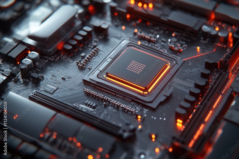 Aufkleber close-up of a computer motherboard, showcasing a cpu with glowing orange accents. ideal for tech, ha
