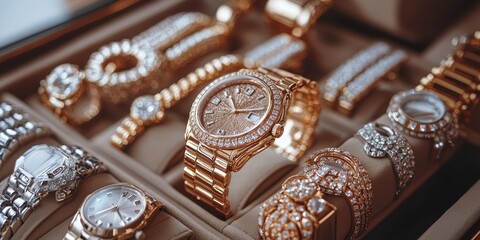 Elegant Display of Luxury Watches with Precious Stones