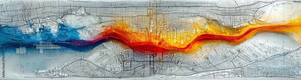 Poster abstract topographic map illustration showcasing vibrant color gradients of urban layout blending wi