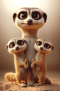 A meerkat family full body pale brown background